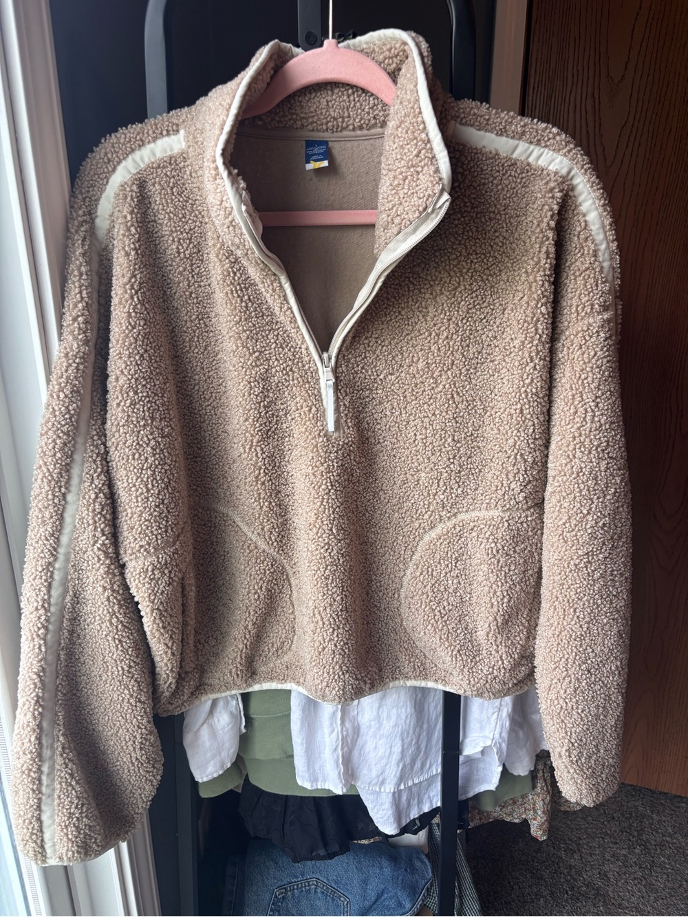 Old Navy Beige Sherpa Quarter-Zip Pullover with Cream Trim